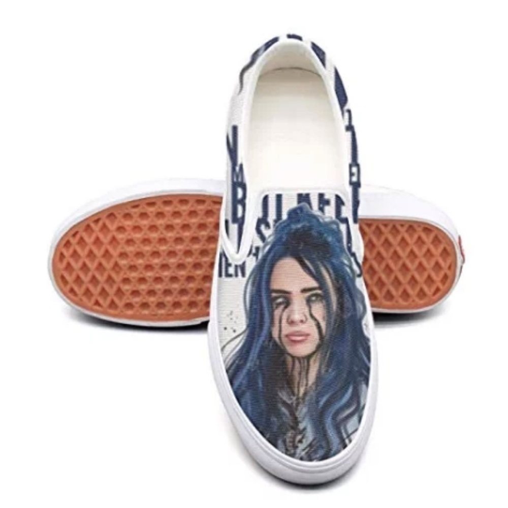 Three In Billie Eilish Canvas Slip On Sneakers White Custom